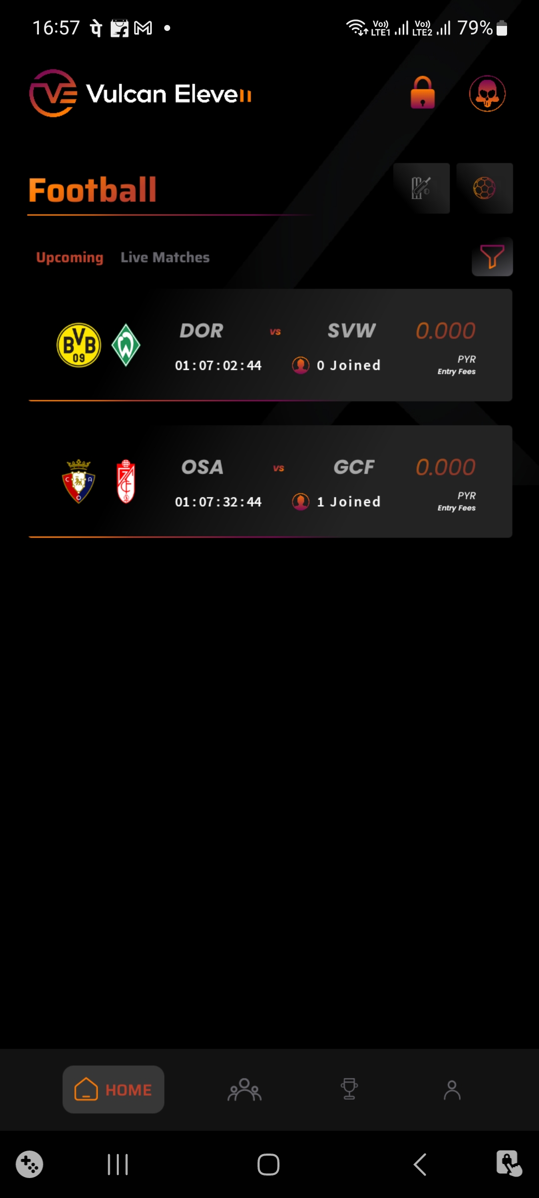 Available sports events listing
